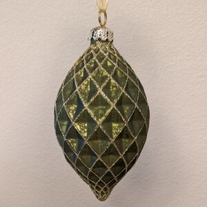 Teardrop Gilded Antique Gold Forest Pine Green Glass Ornament